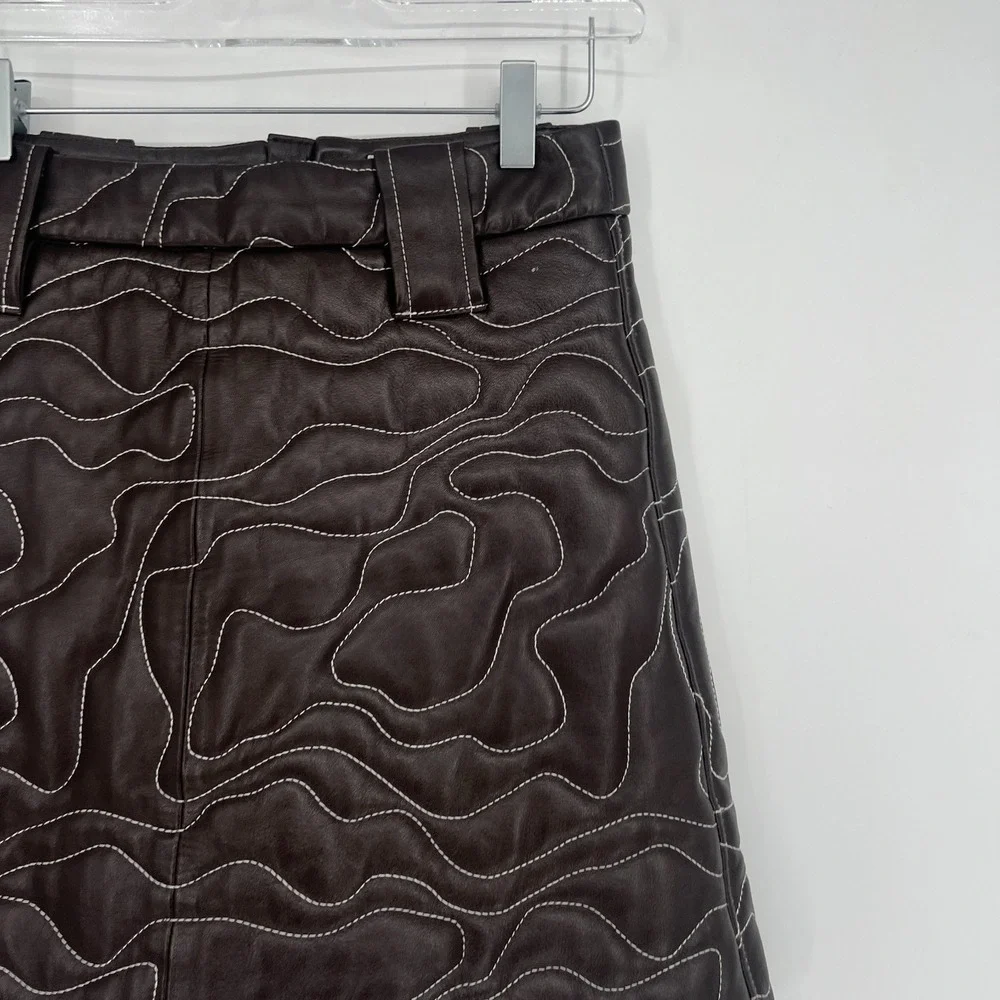 Ganni Mini Skirt Womens 4 / EU36‎ Lamb Leather Brown Neutral Quilted Embroidered